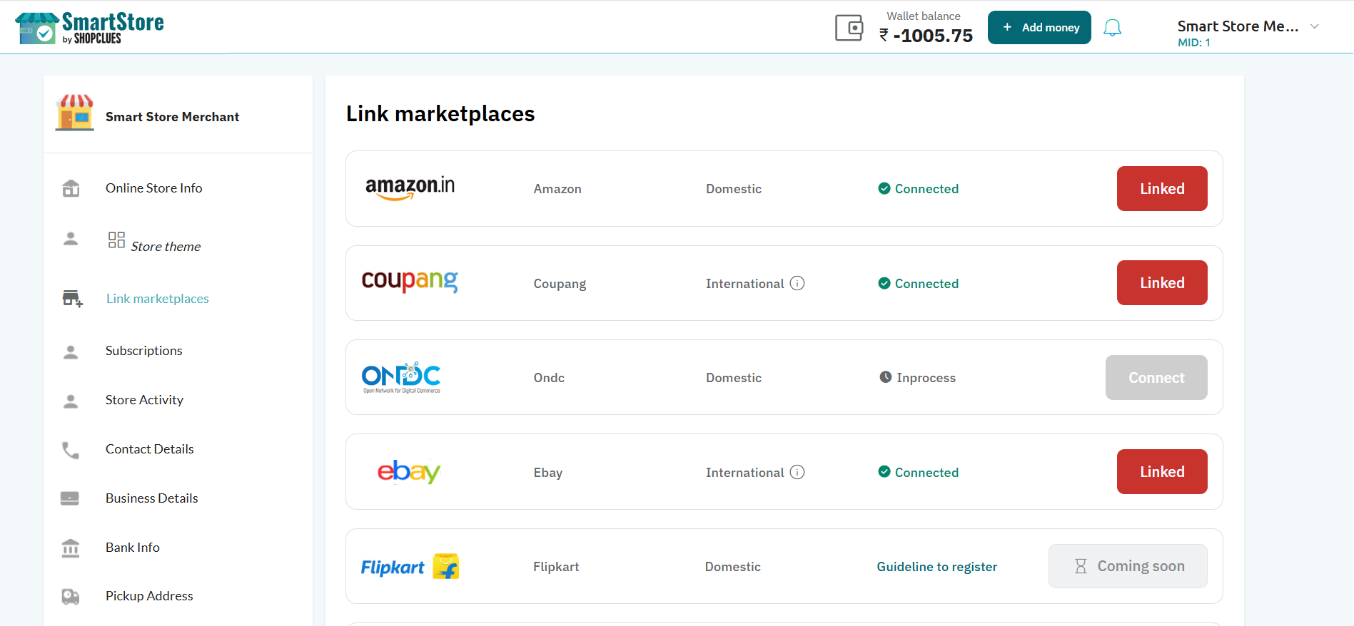 SmartStore interface showing linked marketplace status